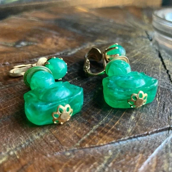 Vintage Hong Kong Signed Buddha Earrings Clip-On Dangles - Picture 3 of 10